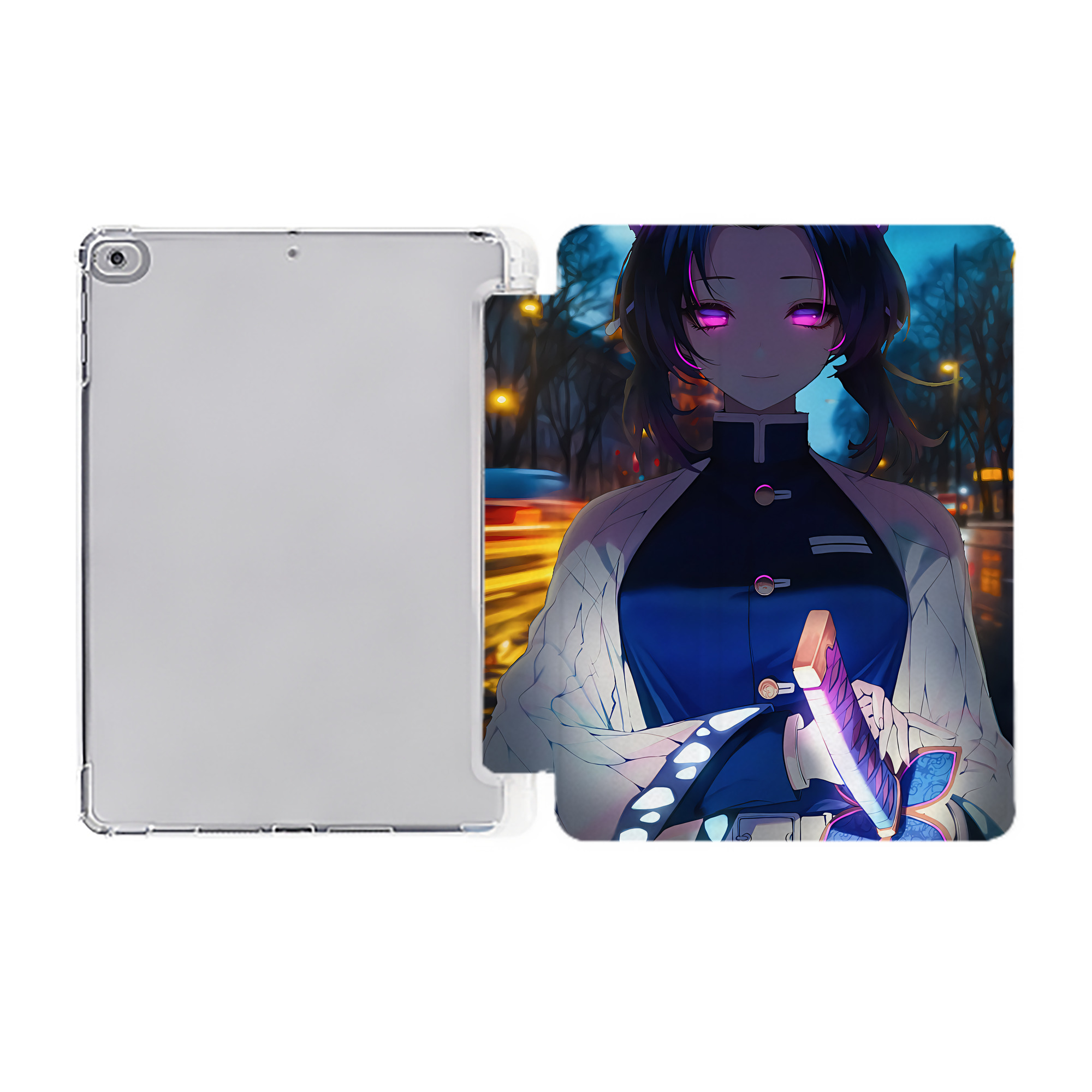 （画像用） 鬼滅の刃（きめつのやいば）蟲柱-胡蝶 しのぶ／こちょう しのぶ Kochou Shinobu IPad ケース ペン収納付き 三つ折りスタンド PUレザー×シリコン 対応機種9.5/10.5/10.9インチ